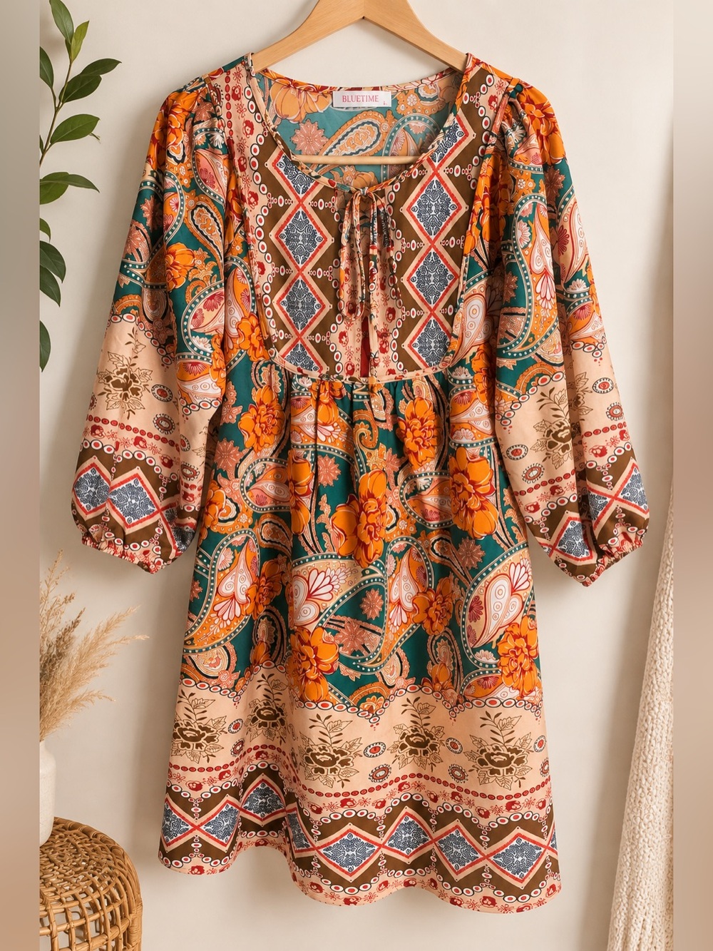 BLUETIME Boho Paisley Mini Dress Size L Long Sleeve Tie Neck Flowy Retro